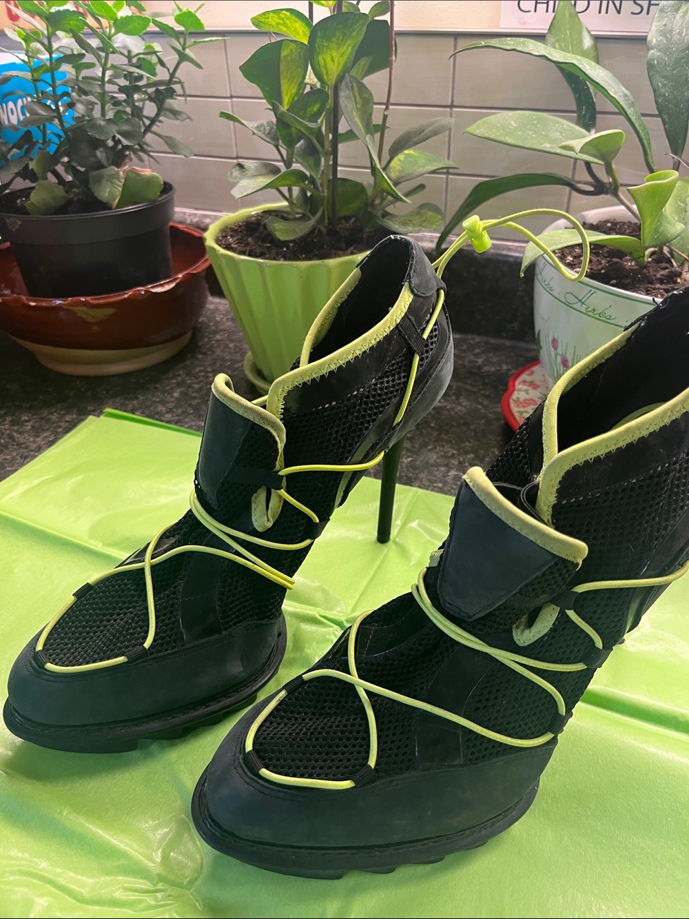 DKNY Black and Neon Green Mesh Lace-Up Stiletto Booties